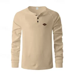 OUKU Men's Button T Shirt T Shirt Waffle Henley Shirt Henley Shirt Long Sleeve Henley Spring Fall Plain Fashion Designer Basic Buttons Vacation Street Going out Black Blue Khaki Top Tee for Men