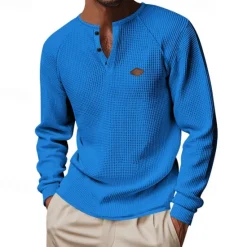 OUKU Men's Button T Shirt T Shirt Waffle Henley Shirt Henley Shirt Long Sleeve Henley Spring Fall Plain Fashion Designer Basic Buttons Vacation Street Going out Black Blue Khaki Top Tee for Men