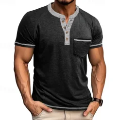 New OUKU Men's Button T Shirt T Shirt Henley Shirt Short Sleeve Shirt Short Sleeve Henley Summer Color Block Solid / Plain Color Fashion Designer Fashion Vacation Street Going out Navy Black White Top Tee for