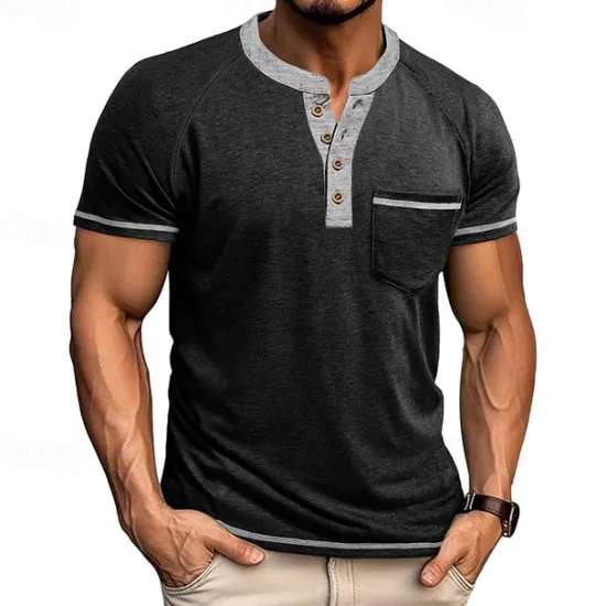 New OUKU Men's Button T Shirt T Shirt Henley Shirt Short Sleeve Shirt Short Sleeve Henley Summer Color Block Solid / Plain Color Fashion Designer Fashion Vacation Street Going out Navy Black White Top Tee for