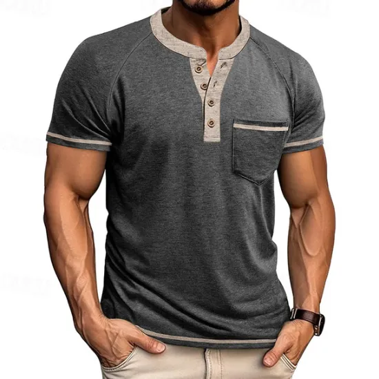New OUKU Men's Button T Shirt T Shirt Henley Shirt Short Sleeve Shirt Short Sleeve Henley Summer Color Block Solid / Plain Color Fashion Designer Fashion Vacation Street Going out Navy Black White Top Tee for