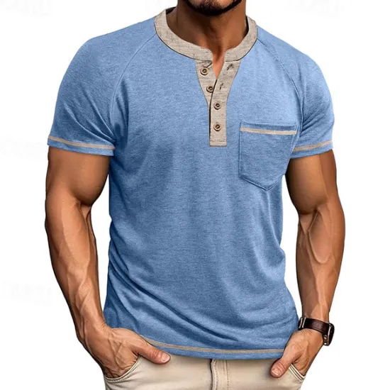 New OUKU Men's Button T Shirt T Shirt Henley Shirt Short Sleeve Shirt Short Sleeve Henley Summer Color Block Solid / Plain Color Fashion Designer Fashion Vacation Street Going out Navy Black White Top Tee for