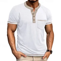 New OUKU Men's Button T Shirt T Shirt Henley Shirt Short Sleeve Shirt Short Sleeve Henley Summer Color Block Solid / Plain Color Fashion Designer Fashion Vacation Street Going out Navy Black White Top Tee for