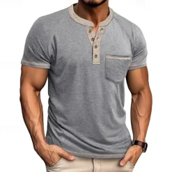 New OUKU Men's Button T Shirt T Shirt Henley Shirt Short Sleeve Shirt Short Sleeve Henley Summer Color Block Solid / Plain Color Fashion Designer Fashion Vacation Street Going out Navy Black White Top Tee for