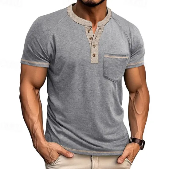 New OUKU Men's Button T Shirt T Shirt Henley Shirt Short Sleeve Shirt Short Sleeve Henley Summer Color Block Solid / Plain Color Fashion Designer Fashion Vacation Street Going out Navy Black White Top Tee for