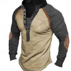 New OUKU Men's Button T Shirt T Shirt Henley Shirt Tee Top Long Sleeve Henley Spring & Fall Color Block Fashion Designer Basic Patchwork Vacation Street Going out Green Khaki Gray Top Tee for Men