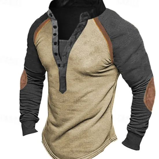 New OUKU Men's Button T Shirt T Shirt Henley Shirt Tee Top Long Sleeve Henley Spring & Fall Color Block Fashion Designer Basic Patchwork Vacation Street Going out Green Khaki Gray Top Tee for Men