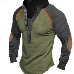 New OUKU Men's Button T Shirt T Shirt Henley Shirt Tee Top Long Sleeve Henley Spring & Fall Color Block Fashion Designer Basic Patchwork Vacation Street Going out Green Khaki Gray Top Tee for Men