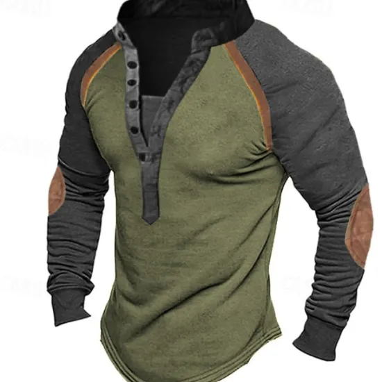 New OUKU Men's Button T Shirt T Shirt Henley Shirt Tee Top Long Sleeve Henley Spring & Fall Color Block Fashion Designer Basic Patchwork Vacation Street Going out Green Khaki Gray Top Tee for Men