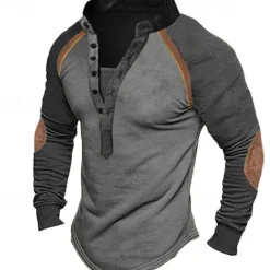 New OUKU Men's Button T Shirt T Shirt Henley Shirt Tee Top Long Sleeve Henley Spring & Fall Color Block Fashion Designer Basic Patchwork Vacation Street Going out Green Khaki Gray Top Tee for Men
