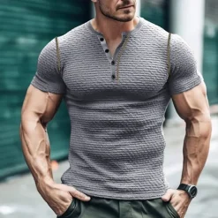 Outlet OUKU Men's Button T Shirt T Shirt Henley Shirt Tee Short Sleeve Henley Spring & Summer Color Block Fashion Designer Basic Patchwork Vacation Street Going out Black Light Grey Army Green Top Tee for Men