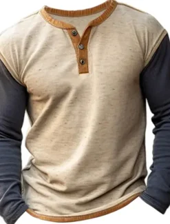 Hot OUKU Men's Button T Shirt T Shirt Henley Shirt Tee Top Long Sleeve Henley Spring & Fall Color Block Fashion Designer Basic Patchwork Vacation Street Going out Top Tee for Men khaki