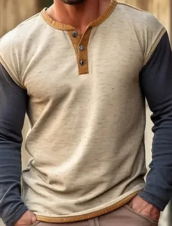 Hot OUKU Men's Button T Shirt T Shirt Henley Shirt Tee Top Long Sleeve Henley Spring & Fall Color Block Fashion Designer Basic Patchwork Vacation Street Going out Top Tee for Men khaki