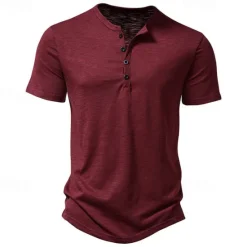 Hot OUKU Men's Button T Shirt T Shirt Henley Shirt Tee Short Sleeve Henley Spring & Summer Plain Fashion Designer Basic Sexy Vacation Street Going out Wine Black White Top Tee for Men