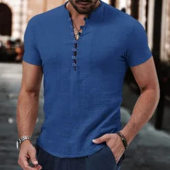 New OUKU Men's Button T Shirt T Shirt Henley Shirt Tee Short Sleeve Henley Summer Spring Plain Fashion Designer Basic Buttons Vacation Street Going out Apricot Black White Top Tee for Men