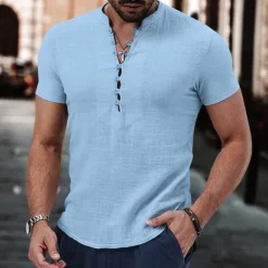 New OUKU Men's Button T Shirt T Shirt Henley Shirt Tee Short Sleeve Henley Summer Spring Plain Fashion Designer Basic Buttons Vacation Street Going out Apricot Black White Top Tee for Men