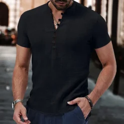 New OUKU Men's Button T Shirt T Shirt Henley Shirt Tee Short Sleeve Henley Summer Spring Plain Fashion Designer Basic Buttons Vacation Street Going out Apricot Black White Top Tee for Men