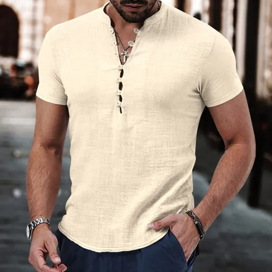 New OUKU Men's Button T Shirt T Shirt Henley Shirt Tee Short Sleeve Henley Summer Spring Plain Fashion Designer Basic Buttons Vacation Street Going out Apricot Black White Top Tee for Men