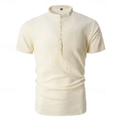 New OUKU Men's Button T Shirt T Shirt Henley Shirt Tee Short Sleeve Henley Summer Spring Plain Fashion Designer Basic Buttons Vacation Street Going out Apricot Black White Top Tee for Men