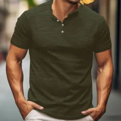 Outlet OUKU Men's Button T Shirt T Shirt Henley Shirt Tee Short Sleeve Henley Spring & Summer Plain Fashion Designer Basic Vacation Street Going out Apricot White Blue Top Tee for Men