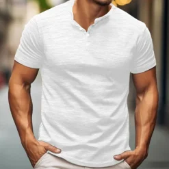 Outlet OUKU Men's Button T Shirt T Shirt Henley Shirt Tee Short Sleeve Henley Spring & Summer Plain Fashion Designer Basic Vacation Street Going out Apricot White Blue Top Tee for Men