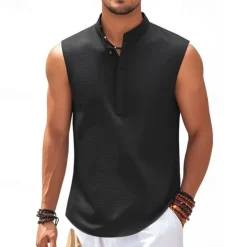 Clearance OUKU Men's Button T Shirt T Shirt Henley Shirt Tee Sleeveless Henley Summer Plain Fashion Designer Basic Buttons Vacation Street Going out Lake blue Black White Top Tee for Men