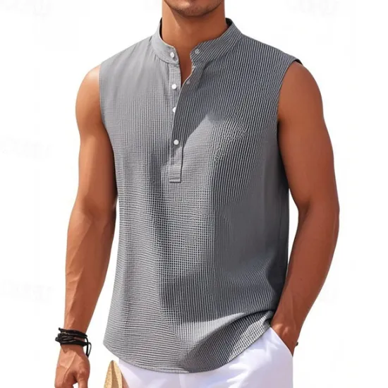 Clearance OUKU Men's Button T Shirt T Shirt Henley Shirt Tee Sleeveless Henley Summer Plain Fashion Designer Basic Buttons Vacation Street Going out Lake blue Black White Top Tee for Men