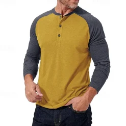 Best OUKU Men's Button T Shirt T Shirt Henley Shirt Tee Long Sleeve Henley Spring & Fall Color Block Fashion Designer Basic Patchwork Vacation Street Going out Black Dark Red Yellow Top Tee for Men