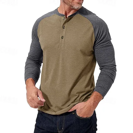 Best OUKU Men's Button T Shirt T Shirt Henley Shirt Tee Long Sleeve Henley Spring & Fall Color Block Fashion Designer Basic Patchwork Vacation Street Going out Black Dark Red Yellow Top Tee for Men