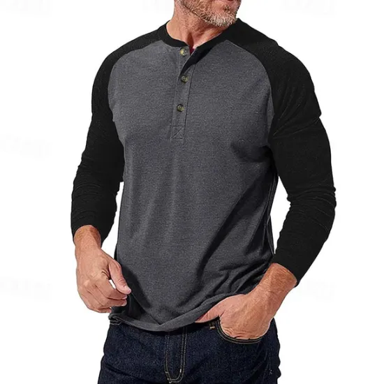 Best OUKU Men's Button T Shirt T Shirt Henley Shirt Tee Long Sleeve Henley Spring & Fall Color Block Fashion Designer Basic Patchwork Vacation Street Going out Black Dark Red Yellow Top Tee for Men