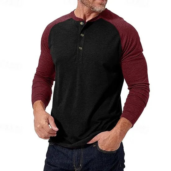 Best OUKU Men's Button T Shirt T Shirt Henley Shirt Tee Long Sleeve Henley Spring & Fall Color Block Fashion Designer Basic Patchwork Vacation Street Going out Black Dark Red Yellow Top Tee for Men