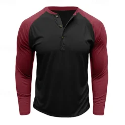 Best OUKU Men's Button T Shirt T Shirt Henley Shirt Tee Long Sleeve Henley Spring & Fall Color Block Fashion Designer Basic Patchwork Vacation Street Going out Black Dark Red Yellow Top Tee for Men