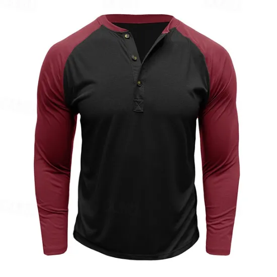Best OUKU Men's Button T Shirt T Shirt Henley Shirt Tee Long Sleeve Henley Spring & Fall Color Block Fashion Designer Basic Patchwork Vacation Street Going out Black Dark Red Yellow Top Tee for Men