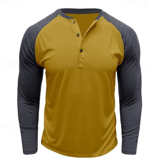 Best OUKU Men's Button T Shirt T Shirt Henley Shirt Tee Long Sleeve Henley Spring & Fall Color Block Fashion Designer Basic Patchwork Vacation Street Going out Black Dark Red Yellow Top Tee for Men