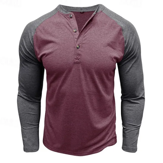 Best OUKU Men's Button T Shirt T Shirt Henley Shirt Tee Long Sleeve Henley Spring & Fall Color Block Fashion Designer Basic Patchwork Vacation Street Going out Black Dark Red Yellow Top Tee for Men