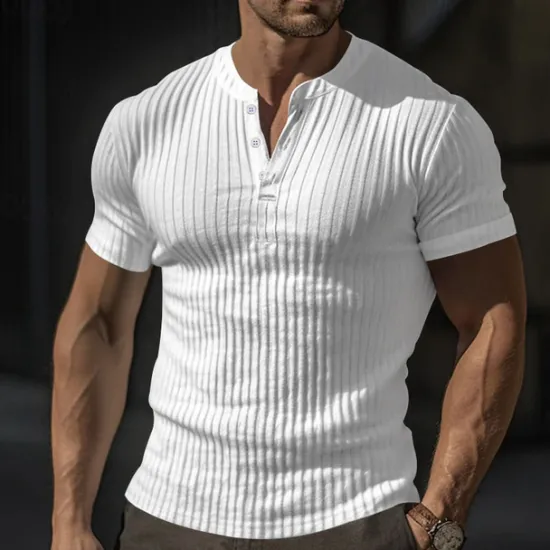 Discount OUKU Men's Button T Shirt T Shirt Henley Shirt Tee Short Sleeve V Neck Spring & Summer Plain Pit Strip Fashion Designer Basic Vacation Street Going out Wine Black White Top Tee for Men