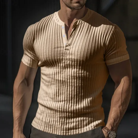Discount OUKU Men's Button T Shirt T Shirt Henley Shirt Tee Short Sleeve V Neck Spring & Summer Plain Pit Strip Fashion Designer Basic Vacation Street Going out Wine Black White Top Tee for Men