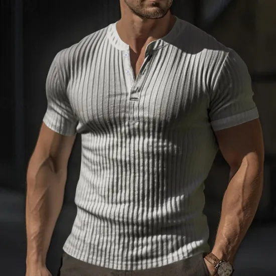 Discount OUKU Men's Button T Shirt T Shirt Henley Shirt Tee Short Sleeve V Neck Spring & Summer Plain Pit Strip Fashion Designer Basic Vacation Street Going out Wine Black White Top Tee for Men