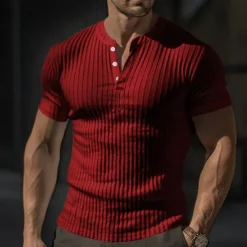 Discount OUKU Men's Button T Shirt T Shirt Henley Shirt Tee Short Sleeve V Neck Spring & Summer Plain Pit Strip Fashion Designer Basic Vacation Street Going out Wine Black White Top Tee for Men
