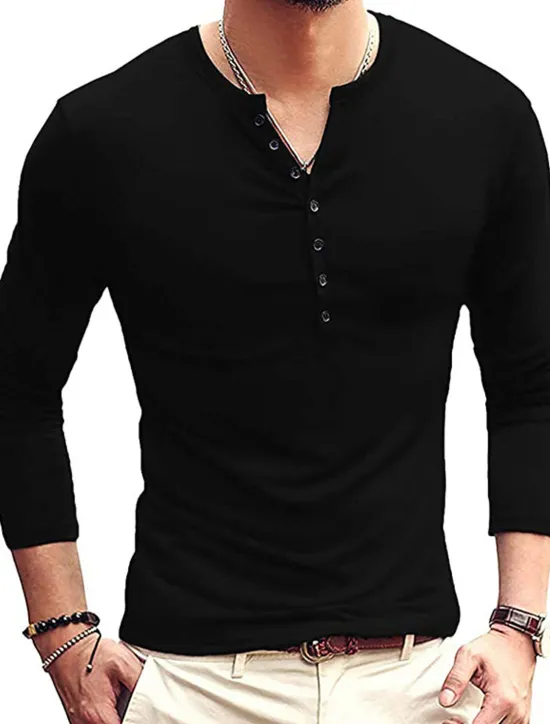 Hot OUKU Men's Button T Shirt T Shirt Long Sleeve Shirt Long Sleeve Stand Collar Spring & Fall Plain Lightweight Classic Casual Button-Down Vacation Casual Holiday Wine Black White Top Tee for Men