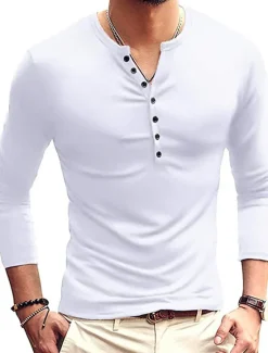 Hot OUKU Men's Button T Shirt T Shirt Long Sleeve Shirt Long Sleeve Stand Collar Spring & Fall Plain Lightweight Classic Casual Button-Down Vacation Casual Holiday Wine Black White Top Tee for Men