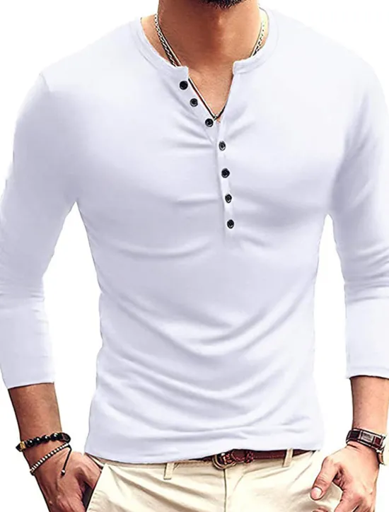 Hot OUKU Men's Button T Shirt T Shirt Long Sleeve Shirt Long Sleeve Stand Collar Spring & Fall Plain Lightweight Classic Casual Button-Down Vacation Casual Holiday Wine Black White Top Tee for Men