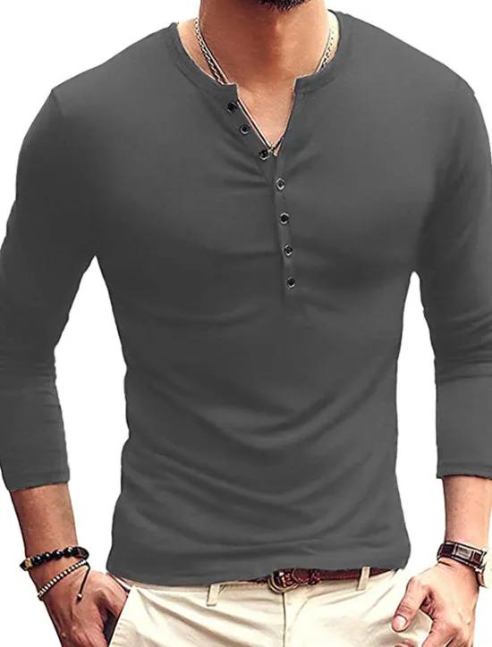 Hot OUKU Men's Button T Shirt T Shirt Long Sleeve Shirt Long Sleeve Stand Collar Spring & Fall Plain Lightweight Classic Casual Button-Down Vacation Casual Holiday Wine Black White Top Tee for Men