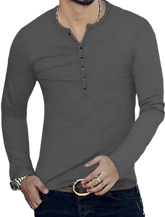 Hot OUKU Men's Button T Shirt T Shirt Long Sleeve Shirt Long Sleeve Stand Collar Spring & Fall Plain Lightweight Classic Casual Button-Down Vacation Casual Holiday Wine Black White Top Tee for Men