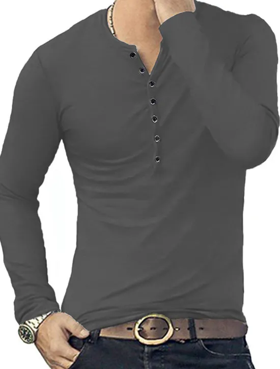 Hot OUKU Men's Button T Shirt T Shirt Long Sleeve Shirt Long Sleeve Stand Collar Spring & Fall Plain Lightweight Classic Casual Button-Down Vacation Casual Holiday Wine Black White Top Tee for Men