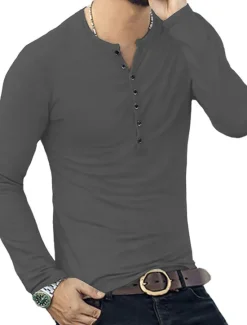 Hot OUKU Men's Button T Shirt T Shirt Long Sleeve Shirt Long Sleeve Stand Collar Spring & Fall Plain Lightweight Classic Casual Button-Down Vacation Casual Holiday Wine Black White Top Tee for Men