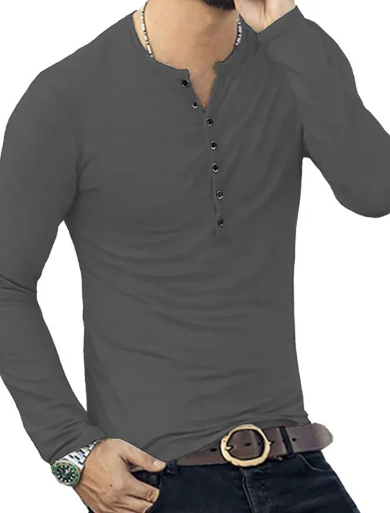 Hot OUKU Men's Button T Shirt T Shirt Long Sleeve Shirt Long Sleeve Stand Collar Spring & Fall Plain Lightweight Classic Casual Button-Down Vacation Casual Holiday Wine Black White Top Tee for Men
