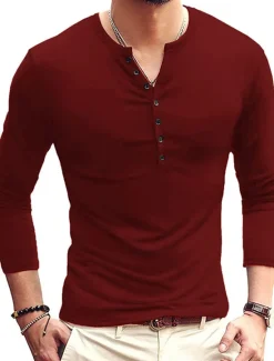 Hot OUKU Men's Button T Shirt T Shirt Long Sleeve Shirt Long Sleeve Stand Collar Spring & Fall Plain Lightweight Classic Casual Button-Down Vacation Casual Holiday Wine Black White Top Tee for Men
