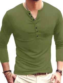 Hot OUKU Men's Button T Shirt T Shirt Long Sleeve Shirt Long Sleeve Stand Collar Spring & Fall Plain Lightweight Classic Casual Button-Down Vacation Casual Holiday Wine Black White Top Tee for Men
