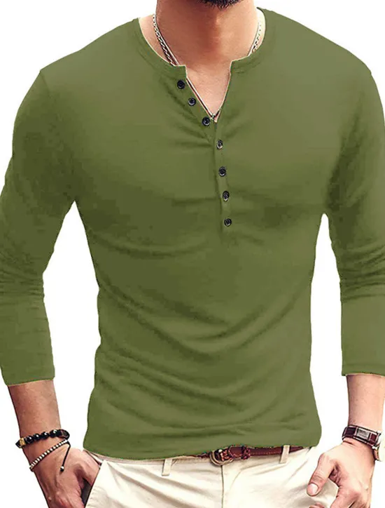 Hot OUKU Men's Button T Shirt T Shirt Long Sleeve Shirt Long Sleeve Stand Collar Spring & Fall Plain Lightweight Classic Casual Button-Down Vacation Casual Holiday Wine Black White Top Tee for Men